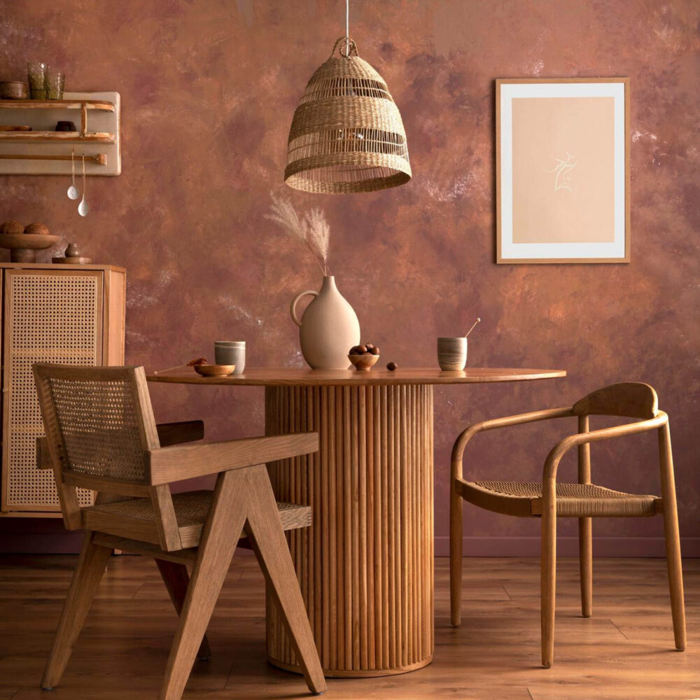 stylish-boho-vintage-dining-room-interior-with-poster-mock-up-round-table-with-rattan-chair-vase-with-dried-flowers-brown-wall-rattan-lamp-mock-up-poster-template